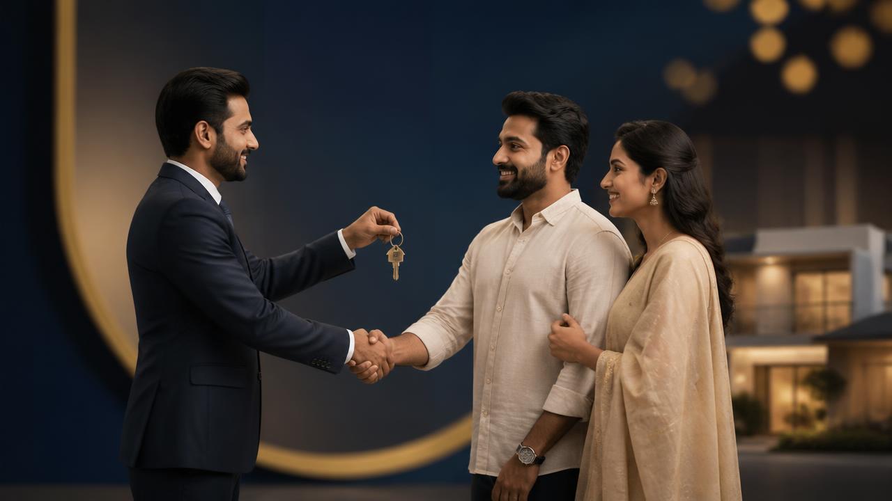 Agent handing house keys to a happy couple
