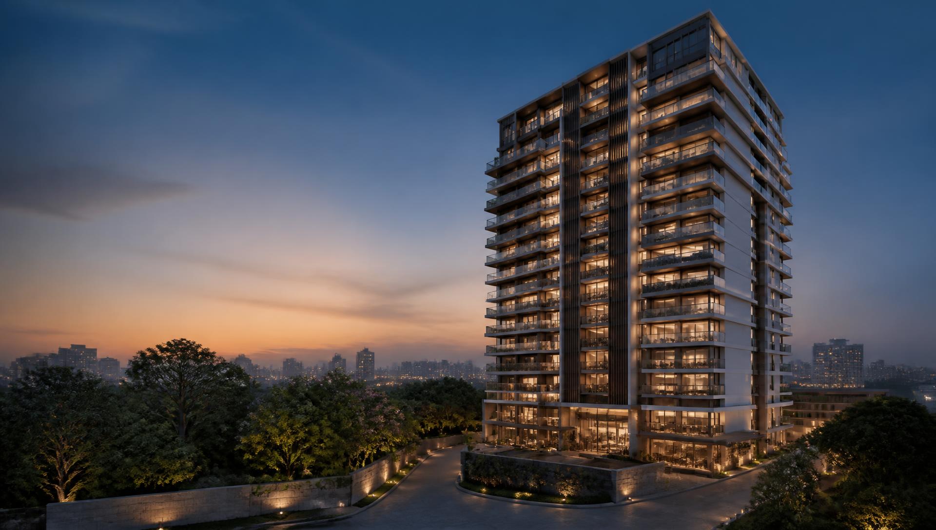 Premium residential tower overlooking an Indian city at dusk